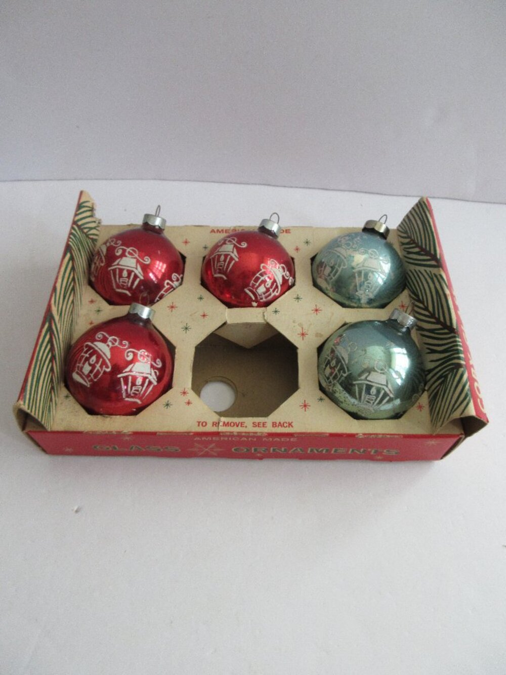 5 Lantern Stencil Glass Christmas Ornament Blue & Red in COBY box Vintage